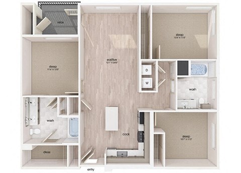 Floor plan for 3 beds, 2 baths, 1304 sqft