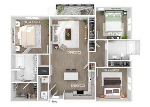 Floor plan for 3 beds, 2 baths, 1333 sqft