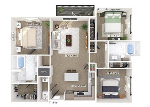 Floor plan for 3 beds, 2 baths, 1333 sqft