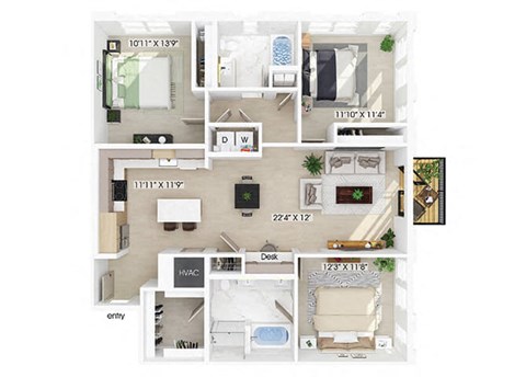 Floor plan for 3 beds, 2 baths, 1381 sqft