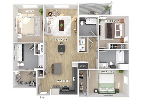 Floor plan for 3 beds, 2.5 baths, 1401 sqft