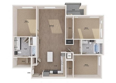 Floor plan for 3 beds, 2 baths, 1418 sqft