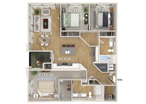 Floor plan for 3 beds, 2 baths, 1444 sqft