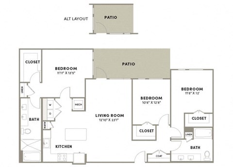 Floor plan for 3 beds, 2 baths, 1505 sqft