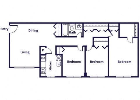 Floor plan for 3 beds, 1 bath, 944 sqft