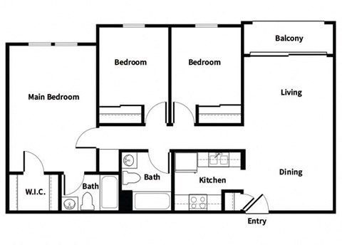 Floor plan for 3 beds, 2 baths, 1100 sqft