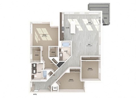 Floor plan for 3 beds, 2 baths, 1642 sqft