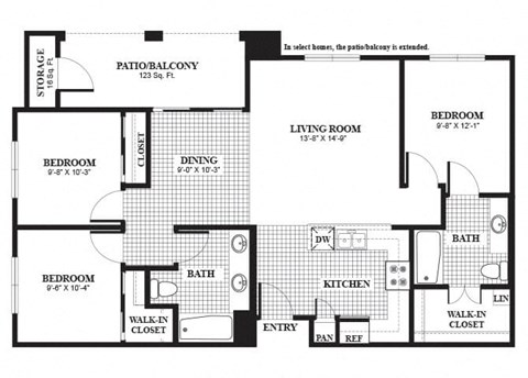 Floor plan for 3 beds, 2 baths, 1072 sqft