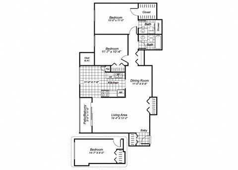Floor plan for 3 beds, 2 baths, 1077 sqft