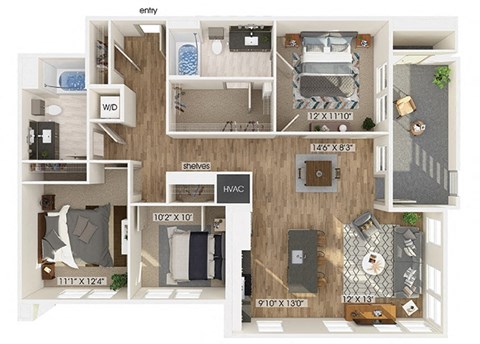 Floor plan for 3 beds, 2 baths, 1346 sqft