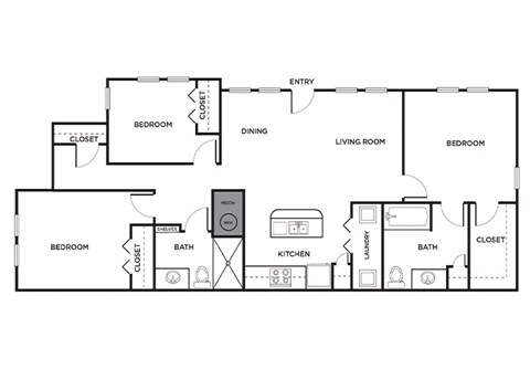 Floor plan for 3 beds, 2 baths, 1277 sqft
