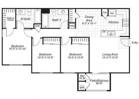 Floor plan for 3 beds, 2 baths, 1070 sqft