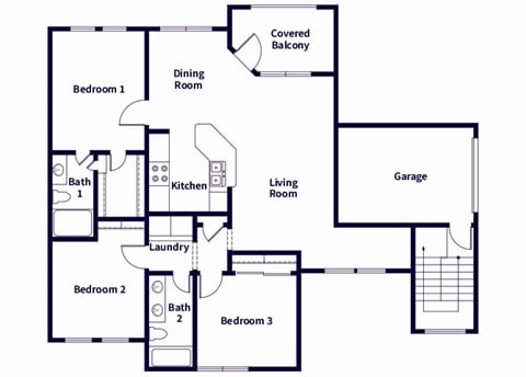 Floor plan for 3 beds, 2 baths, 1190 sqft