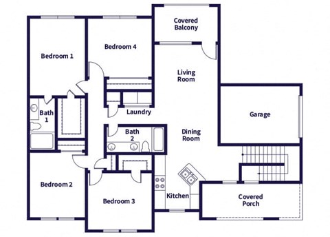 Floor plan for 4 beds, 2 baths, 1393 sqft