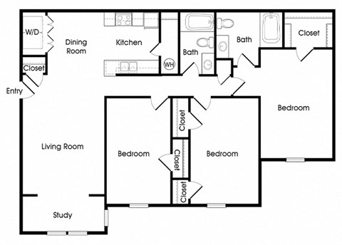 Floor plan for 3 beds, 2 baths, 1201 sqft