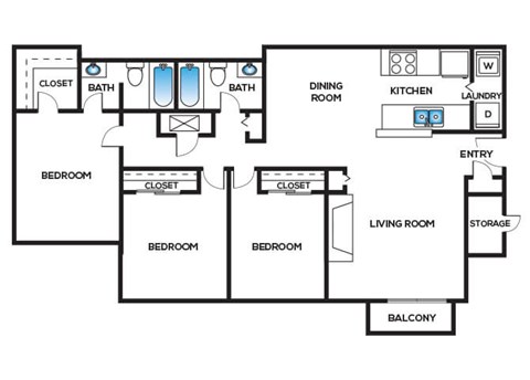 Floor plan for 3 beds, 2 baths, 1264 sqft