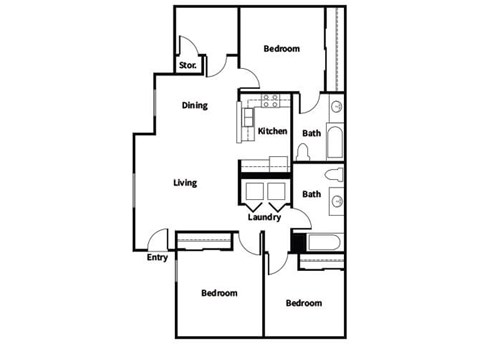 Floor plan for 3 beds, 2 baths, 1274 sqft