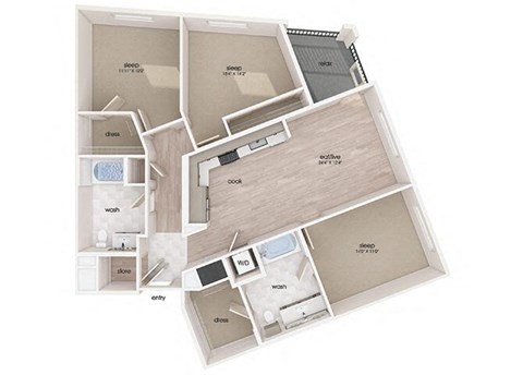 Floor plan for 3 beds, 2 baths, 1304 sqft
