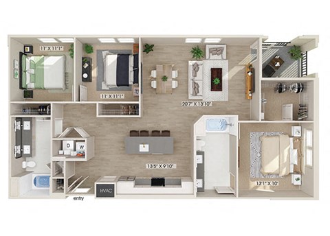 Floor plan for 3 beds, 2 baths, 1448 sqft