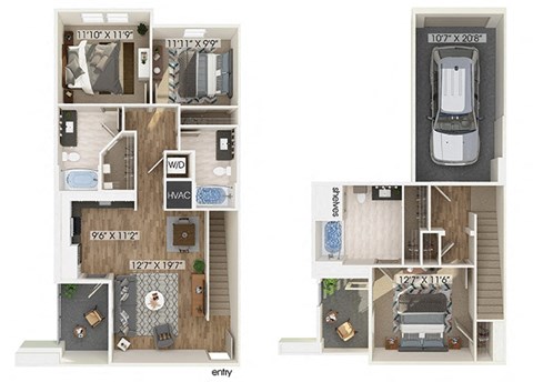 Floor plan for 3 beds, 2 baths, 1398 sqft