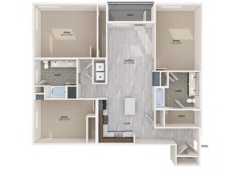 Floor plan for 3 beds, 2 baths, 1561 sqft