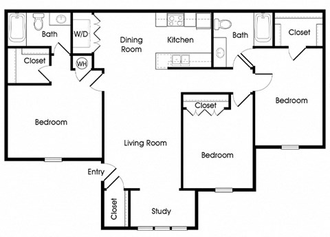 Floor plan for 3 beds, 2 baths, 1304 sqft