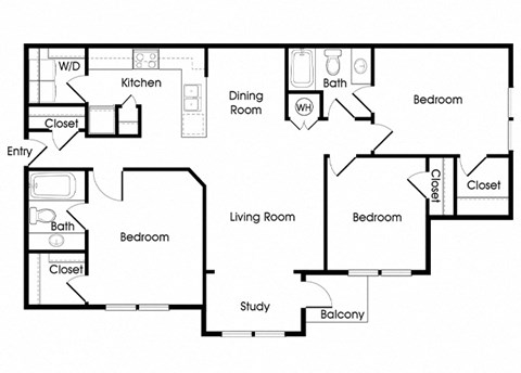 Floor plan for 3 beds, 2 baths, 1355 sqft