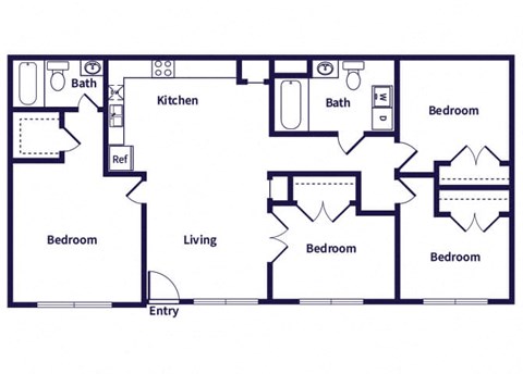 Floor plan for 4 beds, 2 baths, 1136 sqft