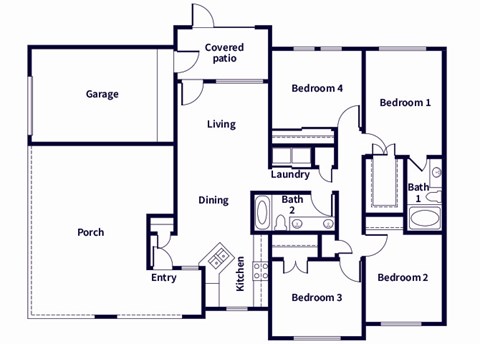 Floor plan for 4 beds, 2 baths, 1393 sqft