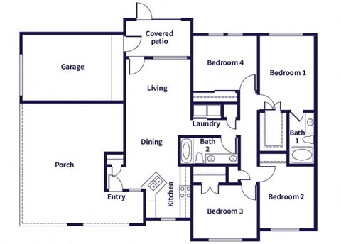Floor plan for 4 beds, 2 baths, 1393 sqft