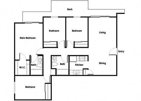 Floor plan for 4 beds, 2 baths, 1300 sqft