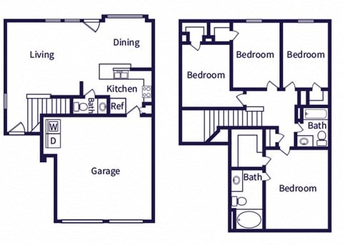 Floor plan for 4 beds, 2 baths, 1330 sqft