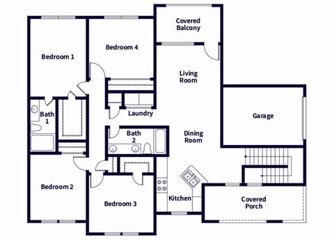 Floor plan for 4 beds, 2 baths, 1393 sqft