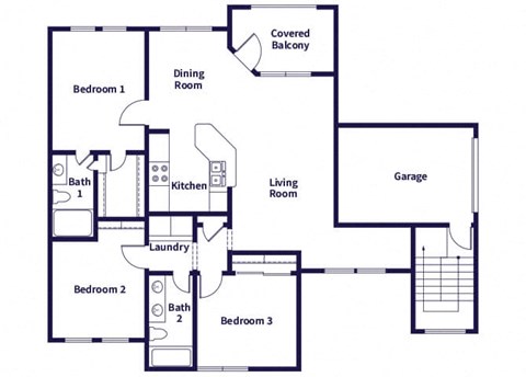 Floor plan for 3 beds, 2 baths, 1190 sqft