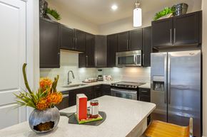 Houston apartment for rent - A kitchen with a white counter top and black cabinets.