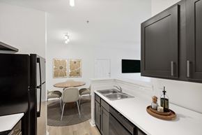 San Antonio apartment for rent - A modern kitchen with a black refrigerator and a white countertop.