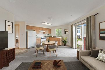 Seattle apartment for rent - a living room and kitchen with a table and chairs