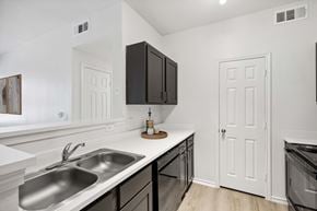 San Antonio apartment for rent - A kitchen with a sink, stove, and cabinets.