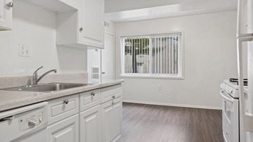 Silver Spring apartment for rent - an empty kitchen with white cabinets and a sink