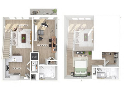 Floor plan for 1 bed, 1.5 baths, 1195 sqft