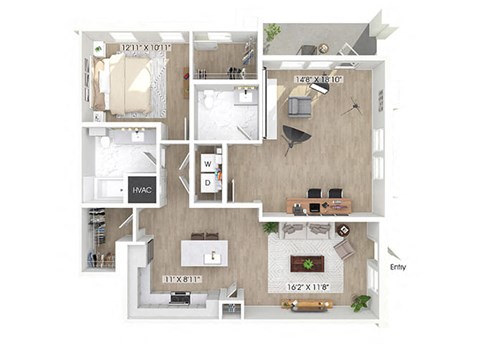 Floor plan for 1 bed, 1.5 baths, 1240 sqft