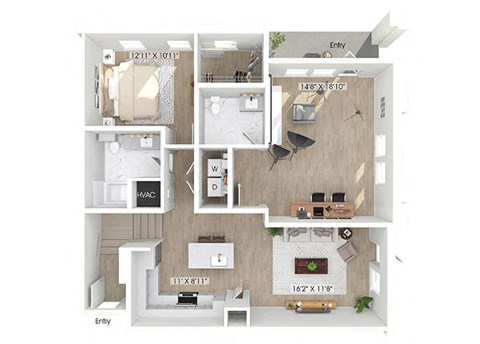 Floor plan for 1 bed, 1.5 baths, 1240 sqft