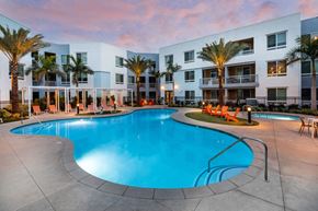 San Diego apartment for rent - Pool at dusk at Bevel Apartments in San Diego CA