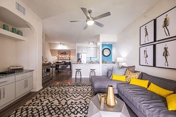 West Palm Beach apartment for rent - A living room with a grey couch and a black and white patterned rug.