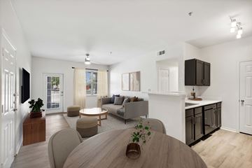 San Antonio apartment for rent - A modern living room with a wooden table and grey couches.