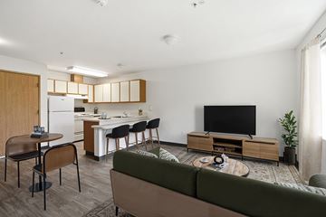 Bellingham apartment for rent - A modern living room with a green sofa, a wooden coffee table, and a television.