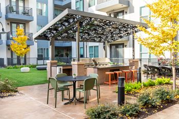 Pool-side grills, dining spaces, and lawn