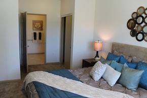 Morgan Hill apartment for rent - Model Bedroom Looking to Bathroom at The Lodge at Morgan Hills Apartments in Morgan Hill CA