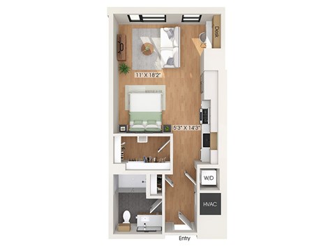 Floor plan for studio, 1 bath, 593 sqft