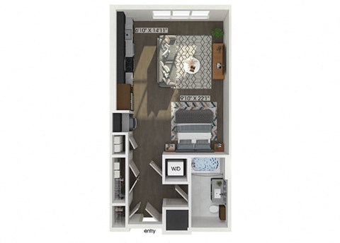 Floor plan for studio, 1 bath, 602 sqft